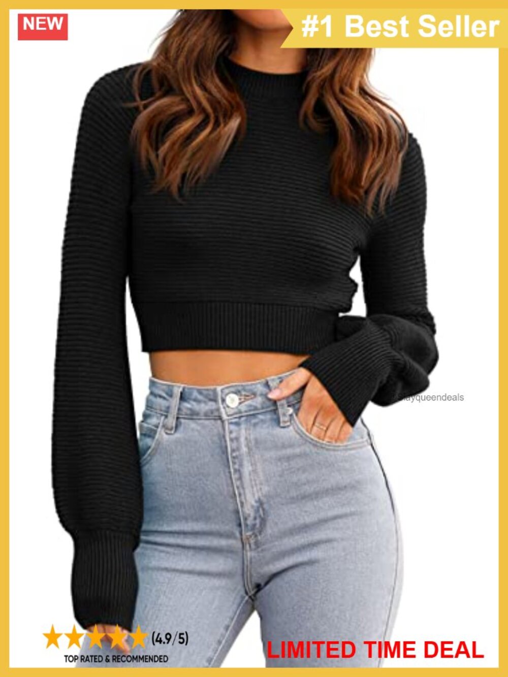 Ribbed Knit Cropped Sweater Long Balloon Sleeve Crew Neck Pullover